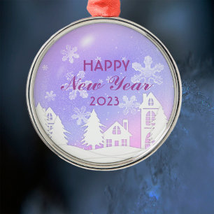 New Year 2023 Purple White House Snow Metal Ornament