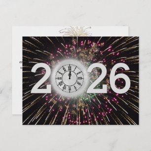 New Year 2025 Fireworks and Moon Clock Postcard