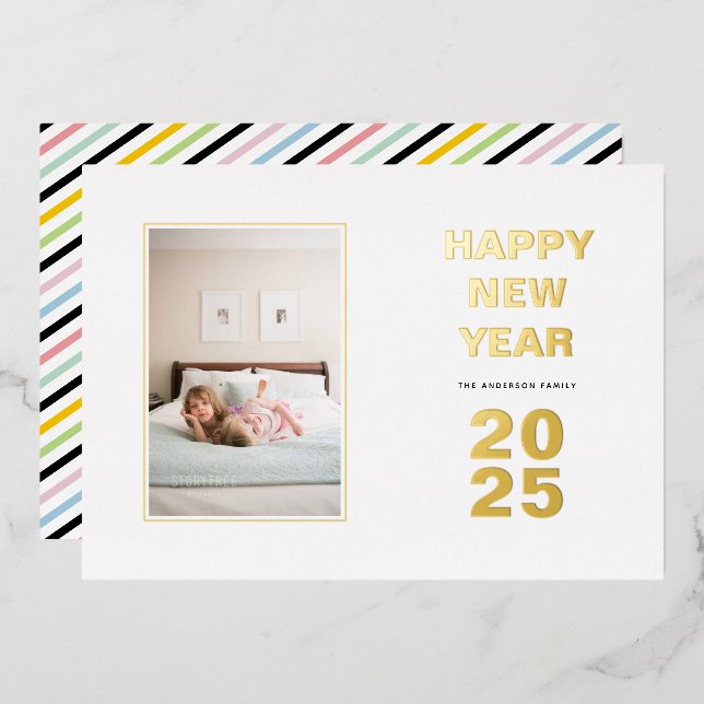 New Year 2025 minimalist typography photo gold Foil Holiday Card (Front/Back)