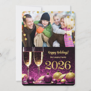 New Year 2025 Purple and Gold Champagne Photo Holiday Card