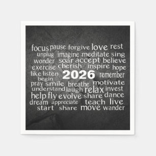 New Year 2025 Word Cloud On Black Rock Napkin