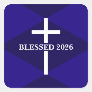 New Year 2026 Blue and White Cross Christian Square Sticker