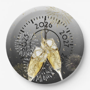 New Year 2026 Champagne Toast and Fireworks Paper Plate