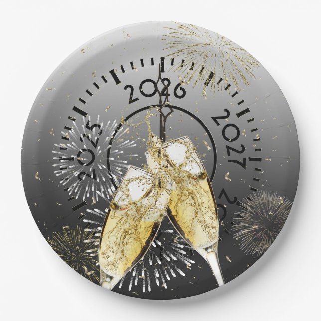 New Year 2026 Champagne Toast and Fireworks Paper Plate (Front)