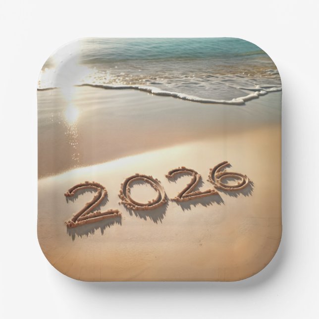 New Year 2026 In Beach Sand Paper Plate (Front)