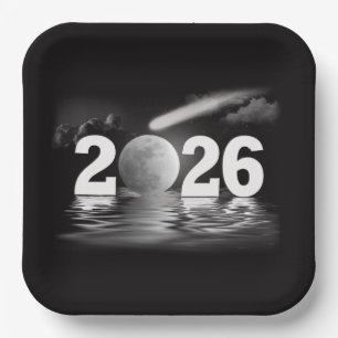 New Year 2026 Moon with Comet Paper Plate