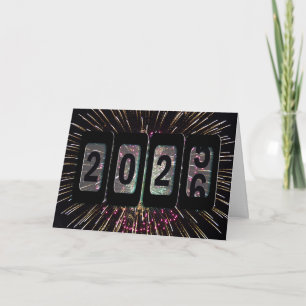 New Year 2026 Odometer and Fireworks Holiday Card