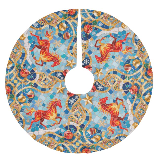 New Year 2026 Red Fiery Horse Christmas Pattern Brushed Polyester Tree Skirt (Front)