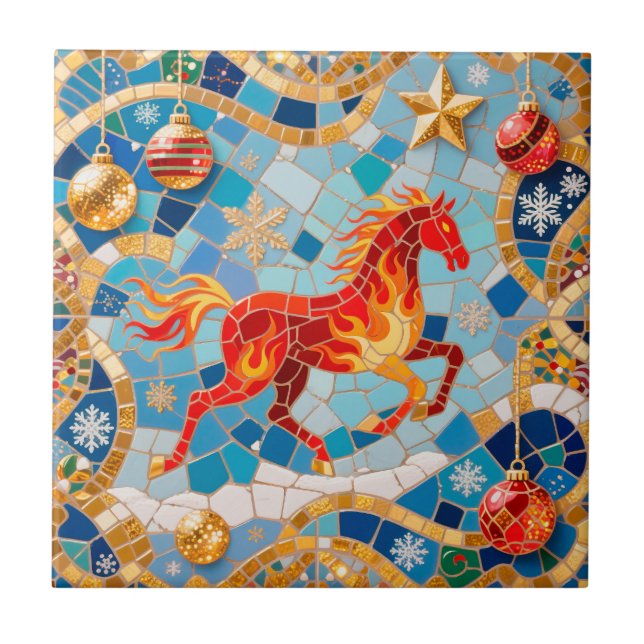 New Year 2026 Red Fiery Horse Christmas Pattern Ceramic Tile (Front)