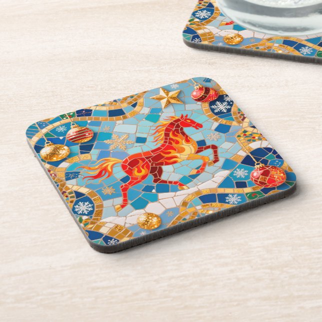 New Year 2026 Red Fiery Horse Christmas Pattern Coaster (Left Side)