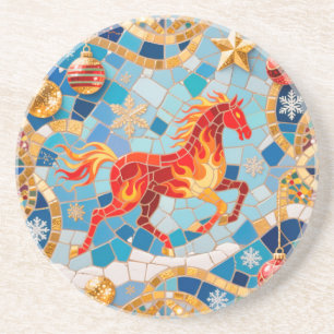 New Year 2026 Red Fiery Horse Christmas Pattern Coaster