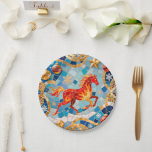 New Year 2026 Red Fiery Horse Christmas Pattern Paper Plate