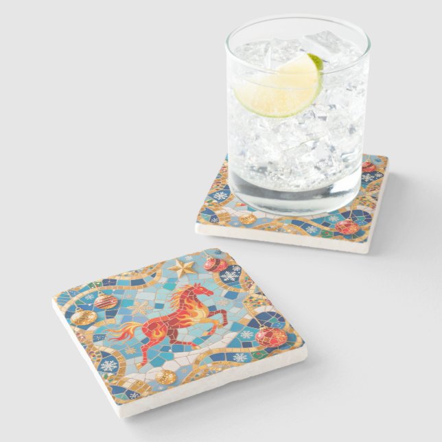 New Year 2026 Red Fiery Horse Christmas Pattern Stone Coaster (Side)