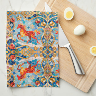 New Year 2026 Red Fiery Horse Christmas Pattern Tea Towel