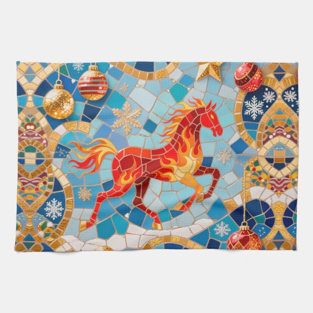 New Year 2026 Red Fiery Horse Christmas Pattern Tea Towel (Horizontal)
