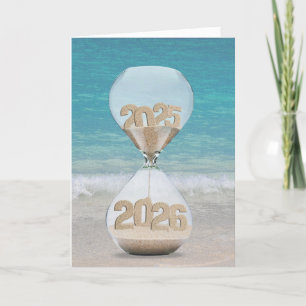 New Year 2026 Sand Timer on Beach Card