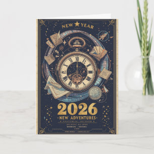 New Year 2026 Time Travel Vintage Greeting Card