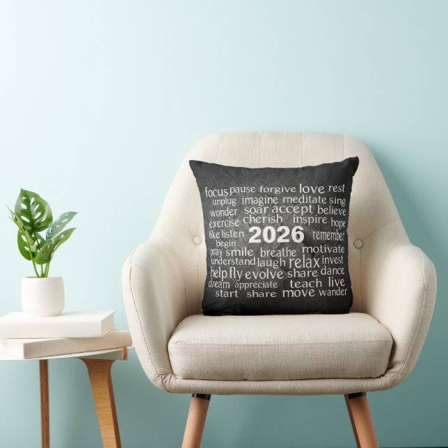 New Year 2026 Word Cloud On Black Rock Cushion (Chair)