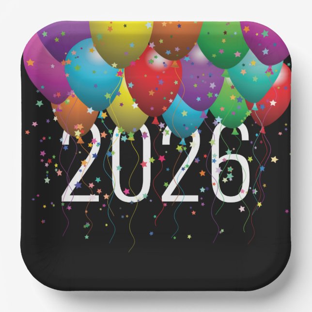 New Year 2026Balloons  Paper Plate (Front)