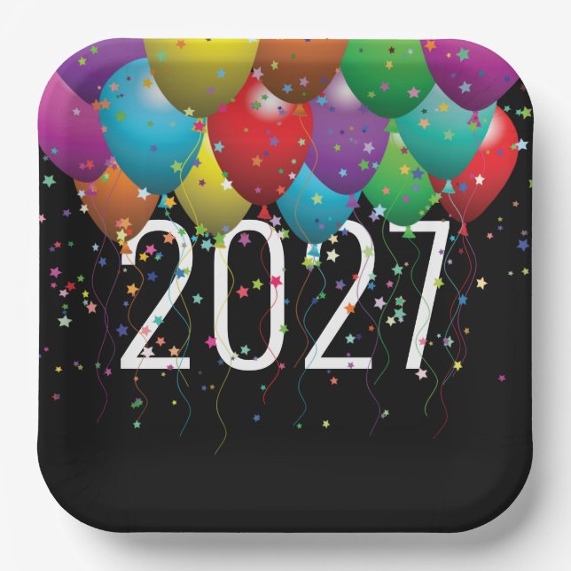 New Year 2027 Balloons Paper Plate (Front)