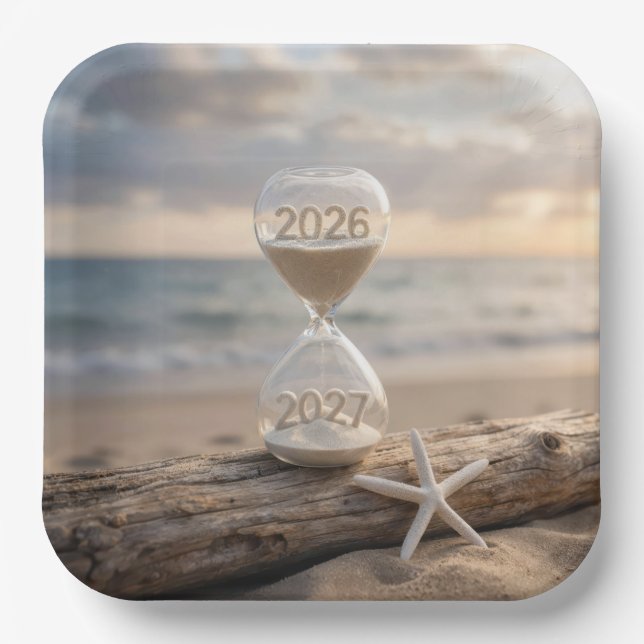 New Year 2027 Beach Hourglass Paper Plate (Front)