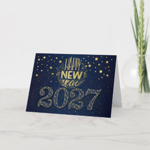 New Year 2027 Navy Blue and Gold Stars Holiday Card