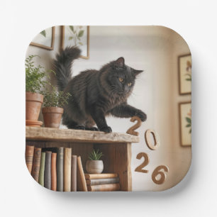 New Year 2027 Playful Cat Paper Plate