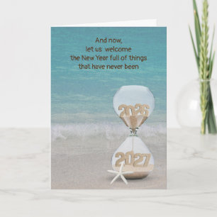 New Year 2027 Sand Timer on a Beach Card