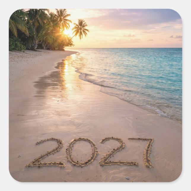 New Year 2027 Tropical Beach Square Sticker (Front)