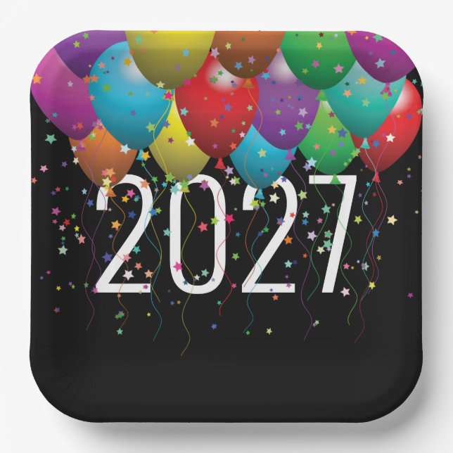 New Year 2027Party Balloons Paper Plate (Front)