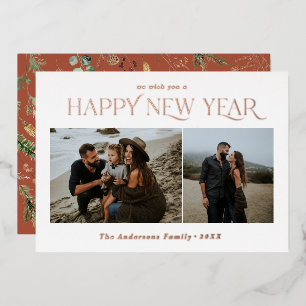 New year 2 photo terracotta botanical floral foil holiday card
