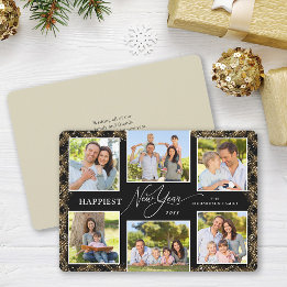 New Year 6 Photos Message Faux Glitter Holiday Card