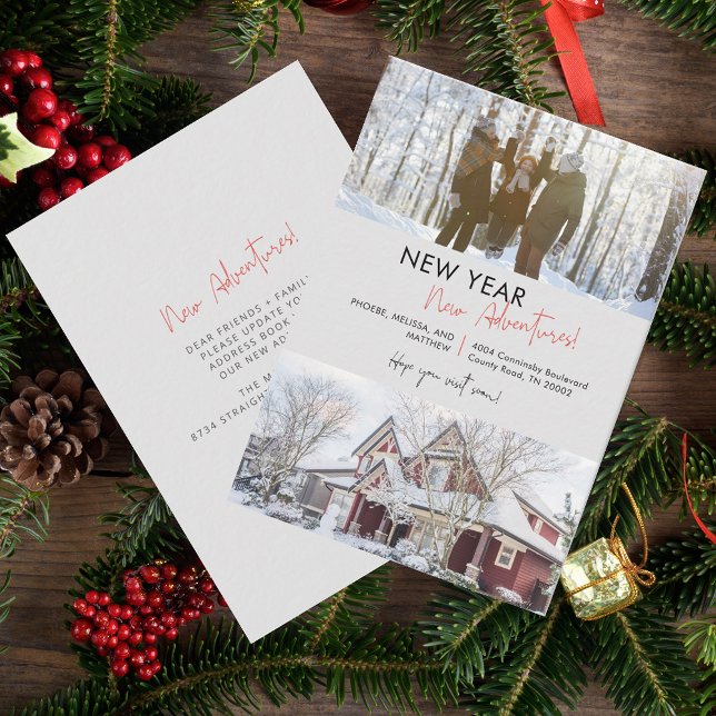New Year Adventures Home Christmas Holiday Moving Card (New Year Family Photo and House New Address Moving Announcement)