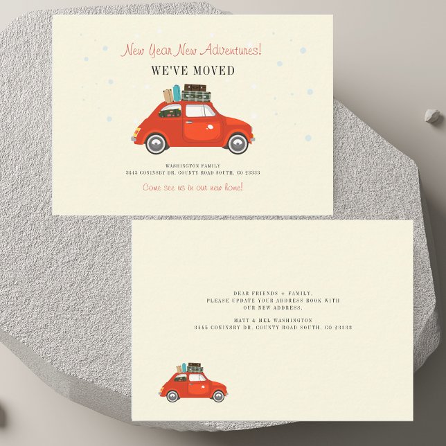 New Year Adventures New Address Red Car Moving Card (New Year Adventures New Address Red Car Moving Note Card)