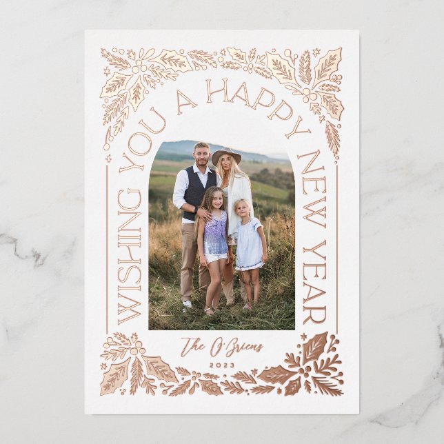 New Year Arch Holly Berry 3 Photo Collage Foil Holiday Card (Front)