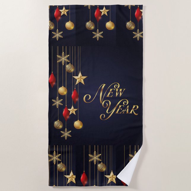 New Year Beach Towel (A dark blue towel with a New Year's design. )