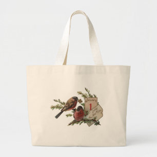 New Year Birds Antique Holiday Card Large Tote Bag