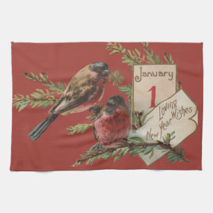 New Year Birds Antique Holiday Card Tea Towel