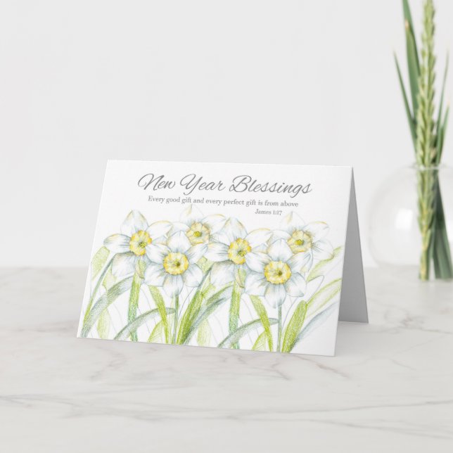 New Year Blessings Daffodils James Bible Scripture Card (Front)
