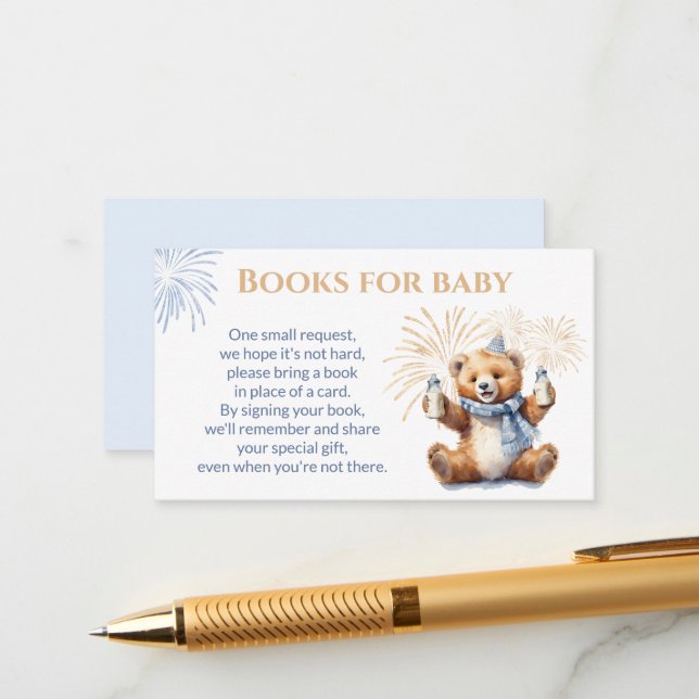 New Year Blue Bear Boy Baby Shower Book Card (Front/Back In Situ)