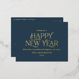 New year blue elegant minimal modern traditional foil holiday postcard