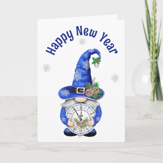 New Year Blue Gnome with Clock Holiday Card (Front)