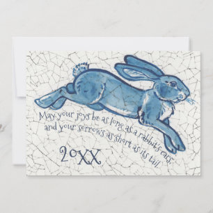 New Year Blue White Bunny Rabbit Delft Dedham Date Holiday Card