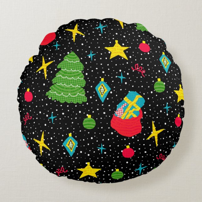New Year bright seamless pattern with Christmas tr Round Cushion (Front)