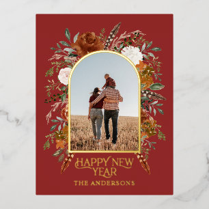 New year budget botanical elegant red traditional foil holiday postcard