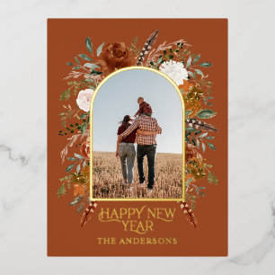 New year budget botanical elegant terracotta foil holiday postcard