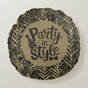 New Year Celebrate,Party in Style,Black Gold Art Round Cushion