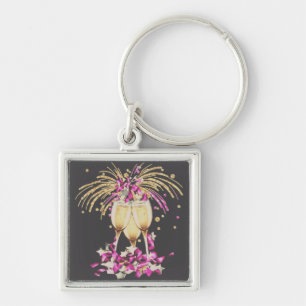 New year celebration with champagne glasses key ring