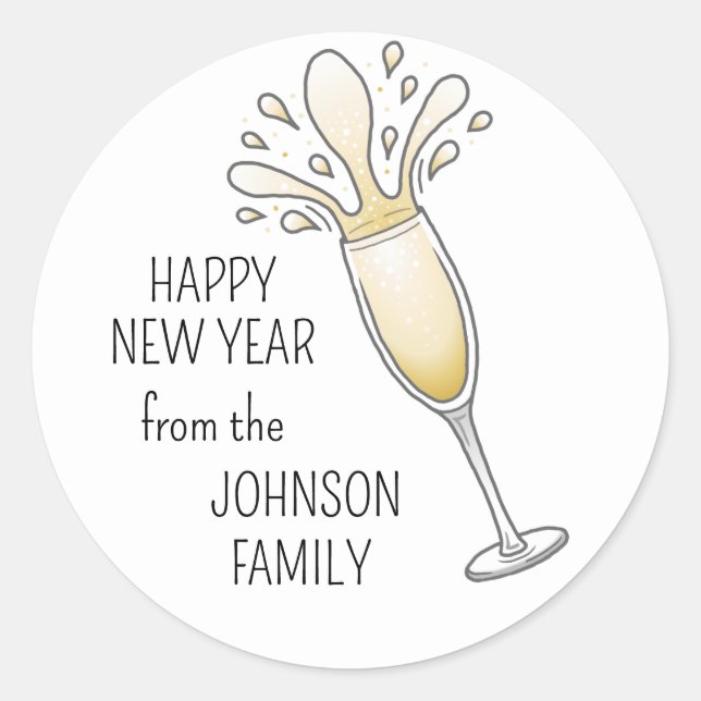 New Year Champagne Glass Classic Round Sticker (Front)