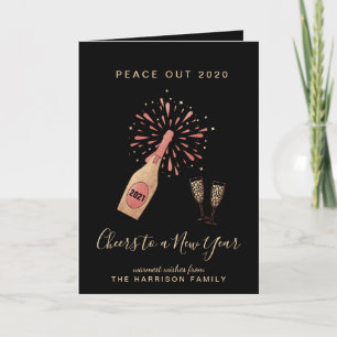 New Year Champagne Peace Out 2020 Gold Black Holiday Card